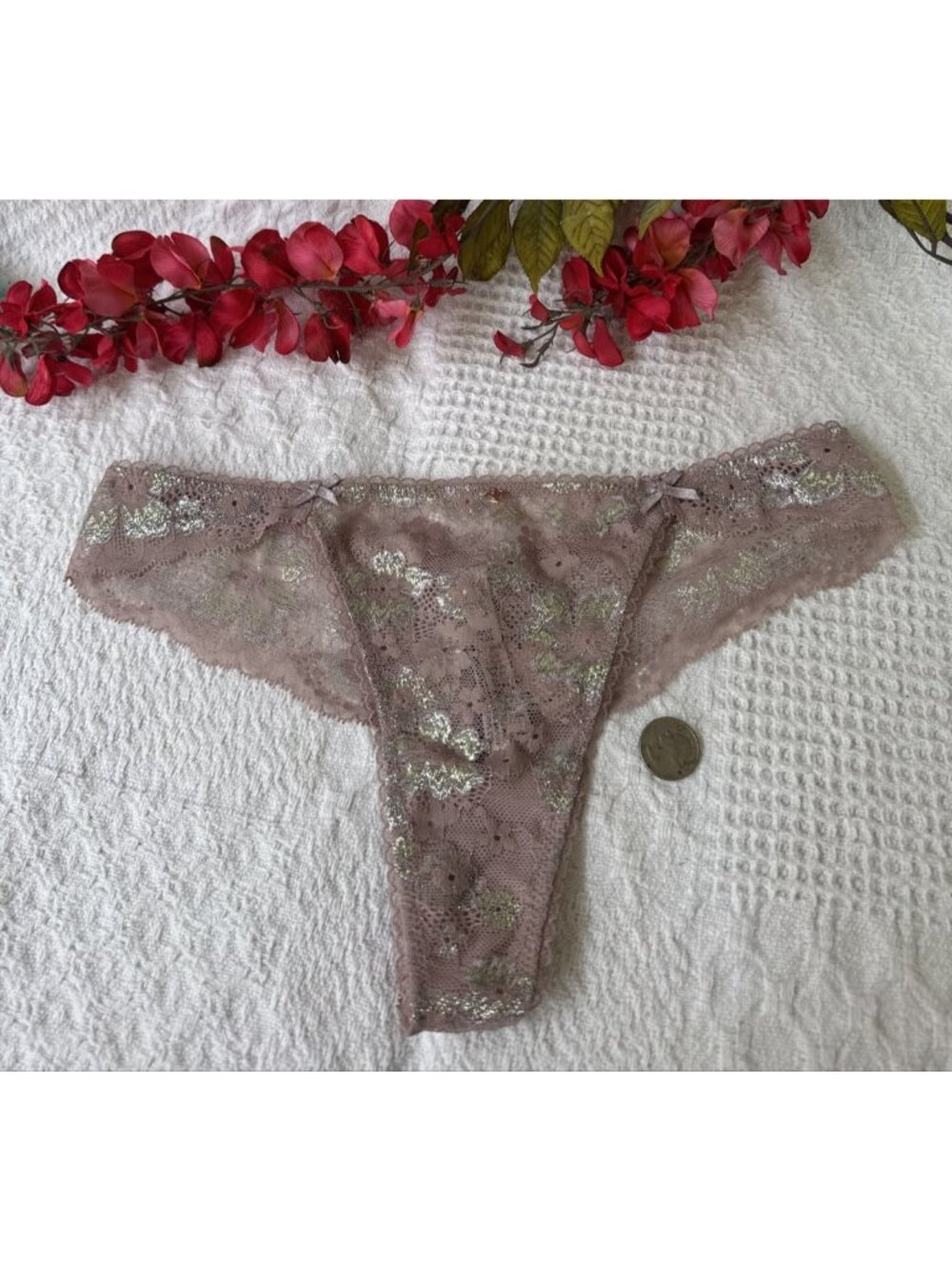 VICTORIA'S SECRET L BODY BY VICTORIA MAUVE SILVER LACE STRING THONG PANTIES NWT